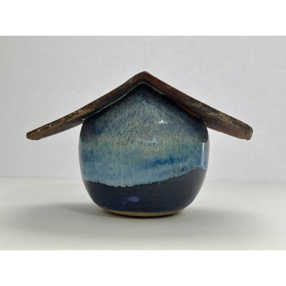 Handcrafted Pottery Birdhouse Heart Blue Cottagecore Farmhouse Garden Rustic - Picture 4 of 9